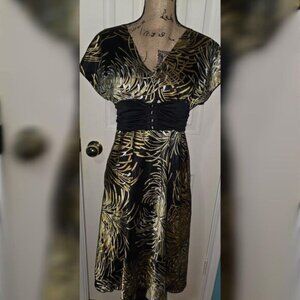 Indian Tropical L Black Gold Party Dress Formal Print Rayon Midi V-Neck Elegant